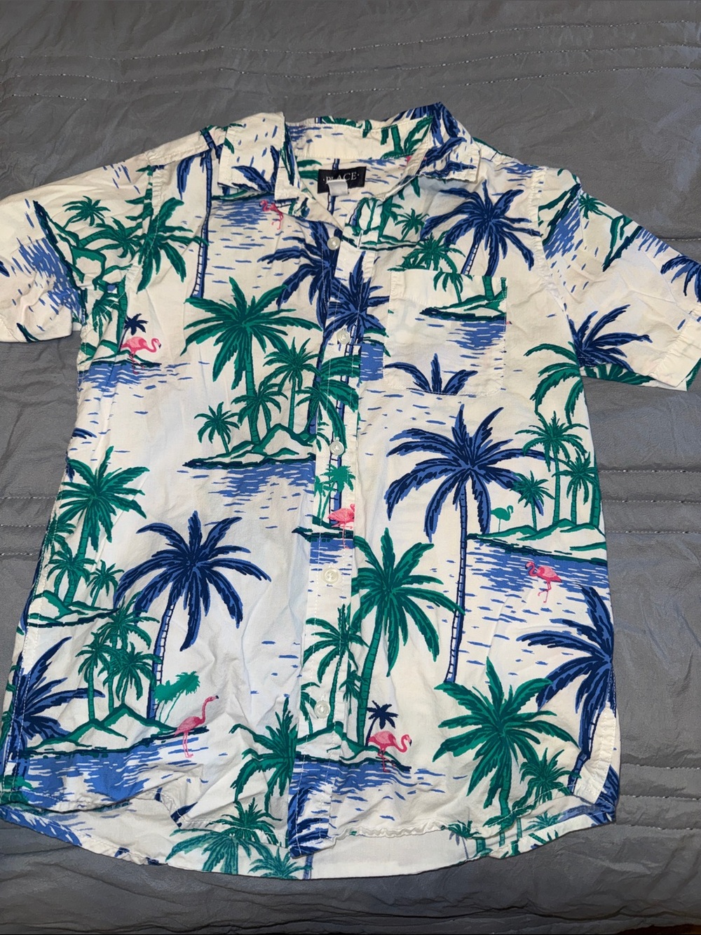Children’s Place Boys Tropical Palm Button-Down Shirt - White/Blue/Green